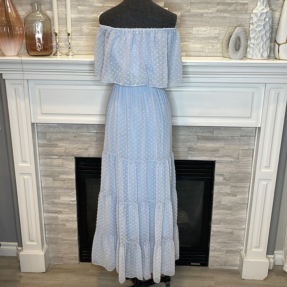 Sky Blue Off Shoulder Ruffle Maxi Dress Size Medium - Picture 10 of 12